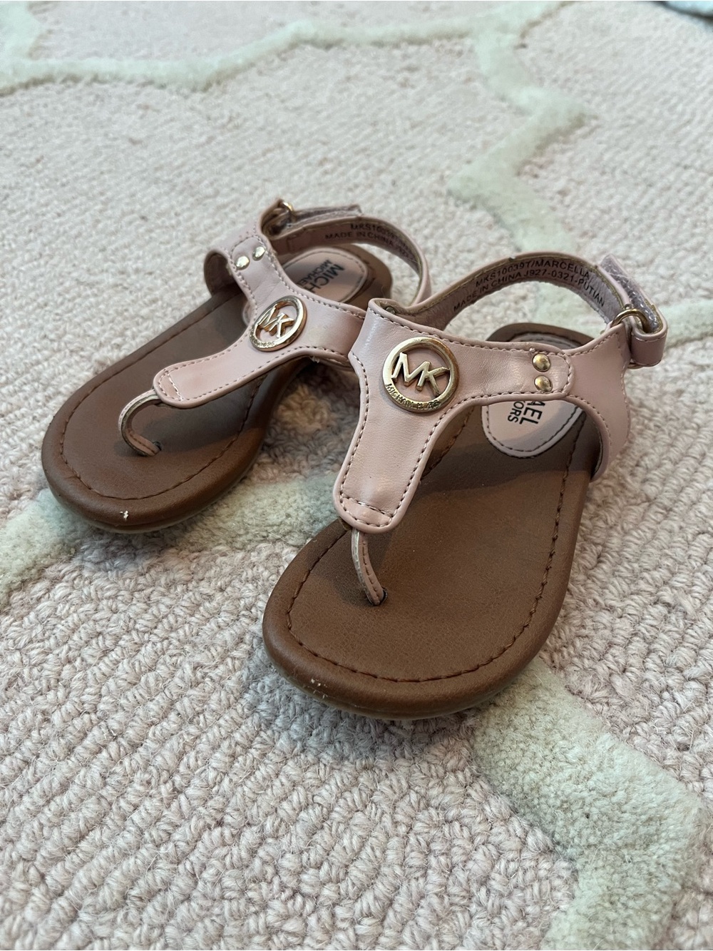 Michael Kors Toddler Blush Pink T-Strap Sandals with Gold MK Emblem